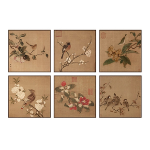 新中式卧室书房花鸟装饰画茶室禅意走廊过道背景复古艺术多联挂画
