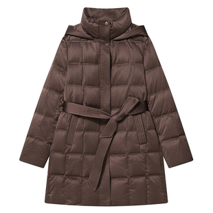 COVERINS2024年冬季新款光泽缎面感立领连帽中长款羽绒服女鸭绒