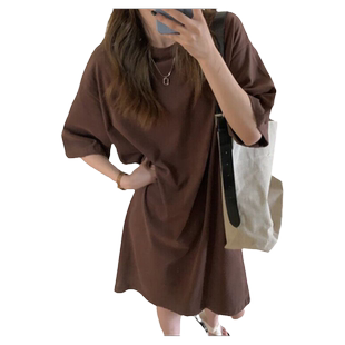 中长款过膝长裙女夏季韩版宽松显瘦洋气减龄百搭纯棉五分袖连衣裙