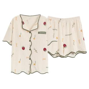 带胸垫睡衣女款2025新款夏季纯棉短袖短裤薄款夏天开衫家居服套装