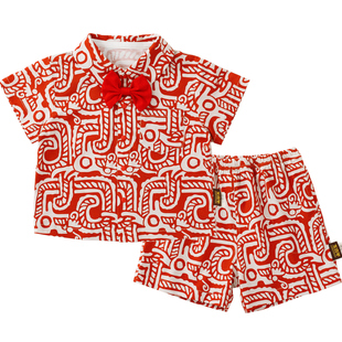 一周岁礼服男宝宝中式汉服红色抓周宴纯棉短袖童唐装套装衣服夏季