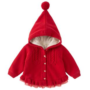 戴维贝拉女童加绒外套春装儿童加厚针织毛衣小女孩新年红色衣服