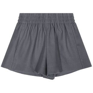 落落狷介裤子女2024新款早春设计感小众阔腿裤灰色毛呢松紧腰短裤