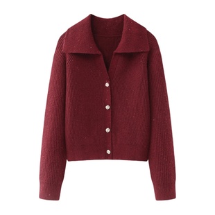 艾格2025冬季新款翻领针织衫红色毛衫宽松短款开衫休闲小个子上衣
