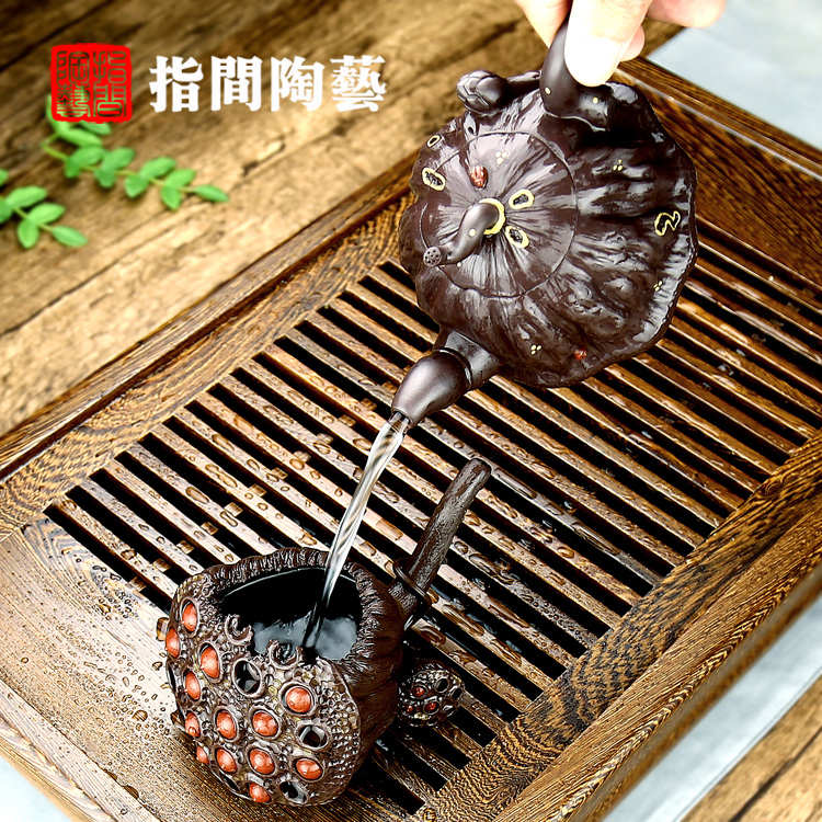 精品 宜兴紫砂壶纯全手工泡茶壶家用套装功夫具小单紫泥花器 莲蓬