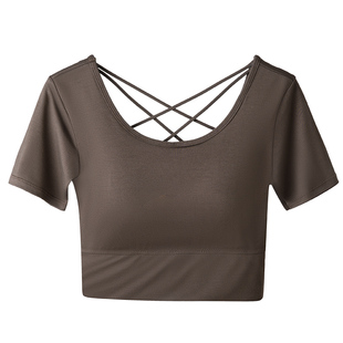 2025新款带胸垫短袖女交叉美背T恤瑜伽服辣妹大码胖mm短款上衣春