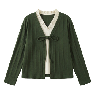 2026春装新款显瘦大码胖MM套头长袖上衣女V领拼接假两件套针织衫