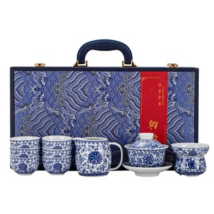 一整套高端青花瓷功夫茶具套装盖碗茶壶茶杯套组家用缠枝莲景德镇