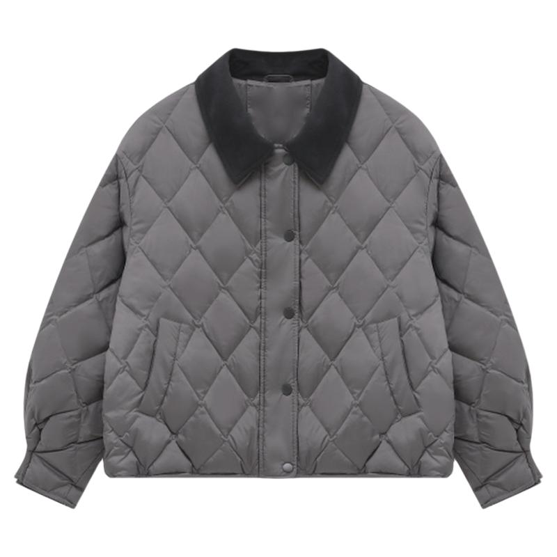 Basic House/百家好2026冬季灰色短款白鸭绒外套小个子翻领羽绒服