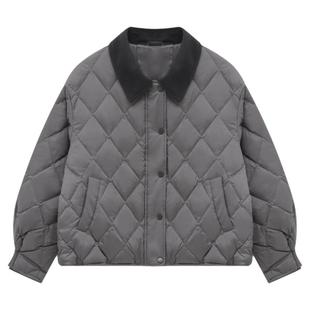 Basic House/百家好2026冬季灰色短款白鸭绒外套小个子翻领羽绒服