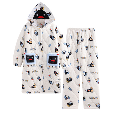 侘町2025新款机器人pingu法兰绒睡衣睡袍女秋冬款加绒家居服冬季