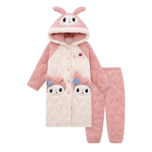 女童冬季珊瑚绒加厚加绒连帽长袍款保暖三层夹棉可外穿家居服套装