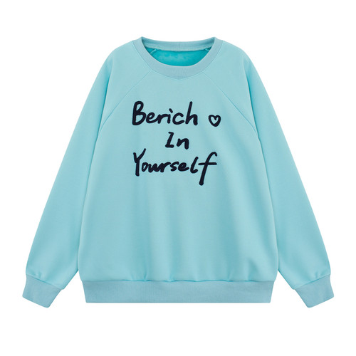 YUZI加厚圆领卫衣湖蓝色落肩袖显白减龄宽松复古百搭春季大码女装