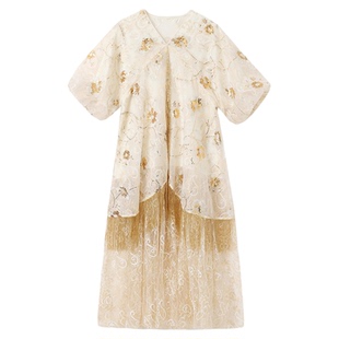 【年后发】国风夏季高端新中式蕾丝珠绣连衣裙时尚刺绣长裙 N6003