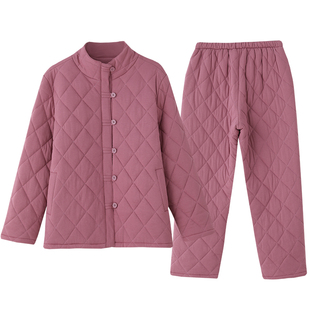 康妮雅空气棉睡衣女秋款三层夹棉夹丝纯棉家居服秋冬厚款保暖套装