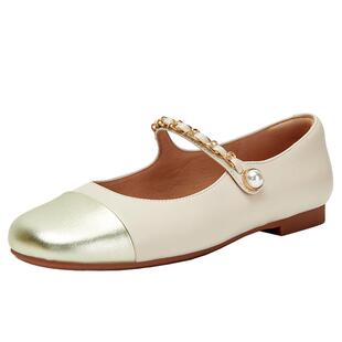 百田森黑白拼接秋玛丽珍鞋单鞋女真皮法式复古小香风银色平底鞋女