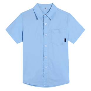 伊顿校服工厂学院风蓝色短袖男女童衬衫夏季翻领纯棉单排扣简约风