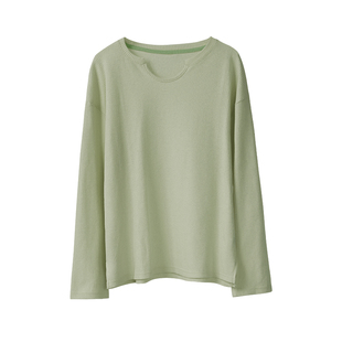 春秋初秋上衣女华夫格果绿色内搭外穿水滴领款长袖T恤宽松打底衫