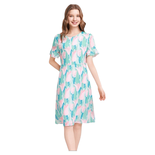 Gitti/吉蒂春夏新品花卉印花喇叭袖裙子女收腰显瘦连衣裙G241087