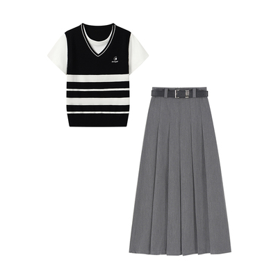 夏季女假两件T恤百褶裙两件套