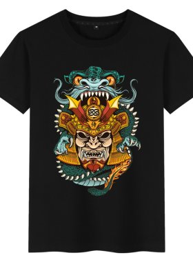 日本武士日系潮牌短袖和风浮世绘T恤夏宽松男纯棉圆领潮上衣服潮