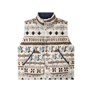 SREK美式复古民族风提花毛领连帽棉服马甲女冬季宽松保暖上衣