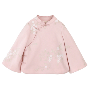 知了童装 秋冬文艺女童复古毛呢绣花外套中式唐装短款呢大衣53278