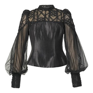 2025秋冬新款法式网纱拼接显瘦高腰收腰灯笼袖上衣女名媛时尚小衫