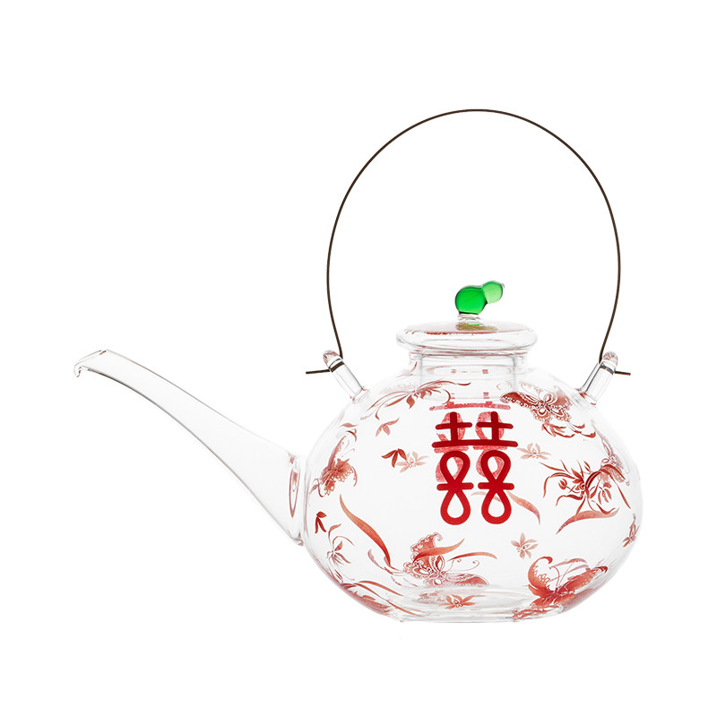 繁野蝶双喜耐热玻璃煮茶壶中式婚庆结婚提梁茶壶烧水壶陪嫁新婚