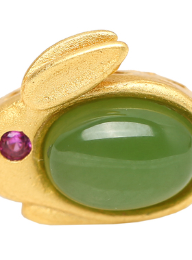 银镶天然和田碧玉生肖兔子配件