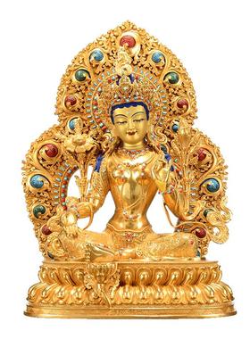 藏式鎏金绿度母铜器摆件带大背光