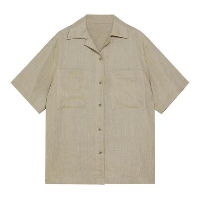 blueerdos宽松翻领亚麻短袖衬衫