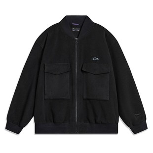 李宁男子外套 秋季运动棒球款保暖宽松休闲毛呢夹克棉服AFDT889