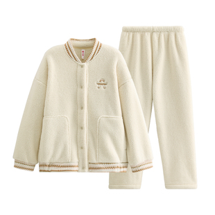 芬腾珊瑚绒睡衣女士秋冬加绒加厚保暖棒球服开衫家居服套装可外穿
