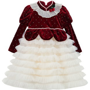 女童公主裙冬装2025新款洋气儿童网纱泡泡袖连衣裙女孩法式丝绒裙