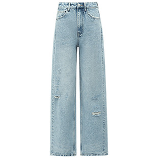 [断码清仓]COCOBELLA时尚破洞宽松牛仔裤女水洗磨白阔腿裤NDN19