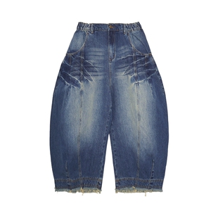 纯棉 半圆女装[复古]2026春季宽松休闲牛仔水洗九分萝卜裤子女