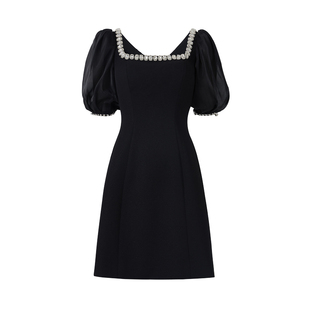 Misi.Camii新款钻饰方领修身礼服闪亮黑色轻奢大气灯笼袖连衣裙