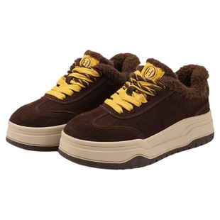 红粉知己复古咖色厚底加绒休闲板鞋女2026春季新款百搭高帮面包鞋