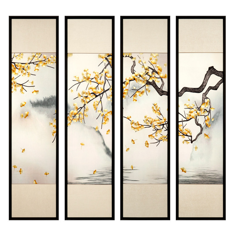苏绣成品挂画手工客厅背景墙四联幅银杏装饰画家用中国风壁画新款