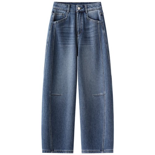 拉夏贝尔高端牛仔蓝弯刀裤女春秋2026款气质窄版阔腿裤加绒九分裤