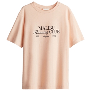 HM女装T恤春季清新印花宽松美式短袖打底圆领上衣1274171