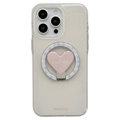 ins韩风简约折叠爱心格纹适用苹果15手机壳iphone16ProMax新款15promax女款13旋转磁吸支架16pro全包14保护套