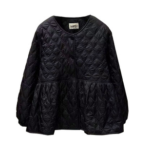 秋冬黑色菱格棉服女长袖宽松百搭减龄设计感娃娃衫棉衣外套大码胖