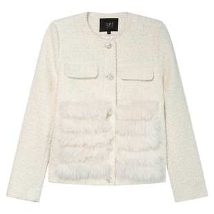 白鹿语优雅长毛条拼接上衣冬款气质圆领厚款保暖无弹女式外套