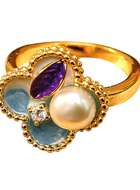 油画系列国潮风珐琅四叶草指环