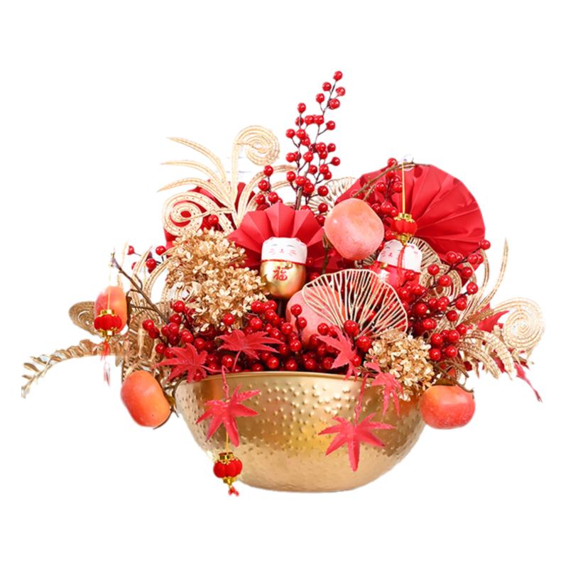 轻奢聚宝单福桶装饰居家装饰送礼新年年宵节精美插花花艺金红色