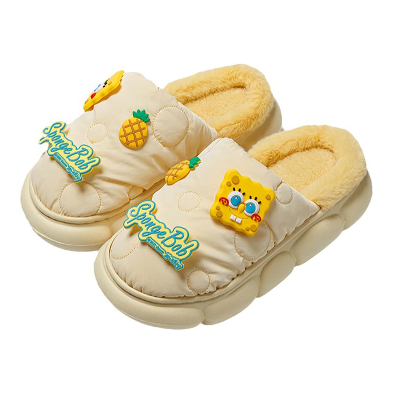正版海绵宝宝棉拖鞋女士秋冬季室内居家厚底防滑加绒保暖防水棉鞋