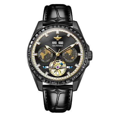 真皮带手表男士机械表多功能防水