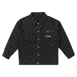 WASSUP复古格子字母潮牌工装牛仔外套男装秋冬季宽松潮流情侣上衣